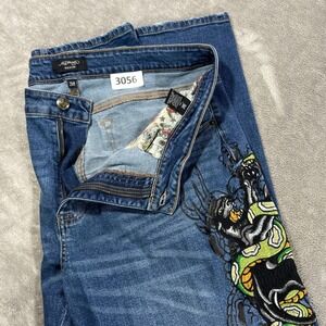 Ed Hardy Jeans Mens 38 Blue Embroidered Panther Snake Distressed Denim